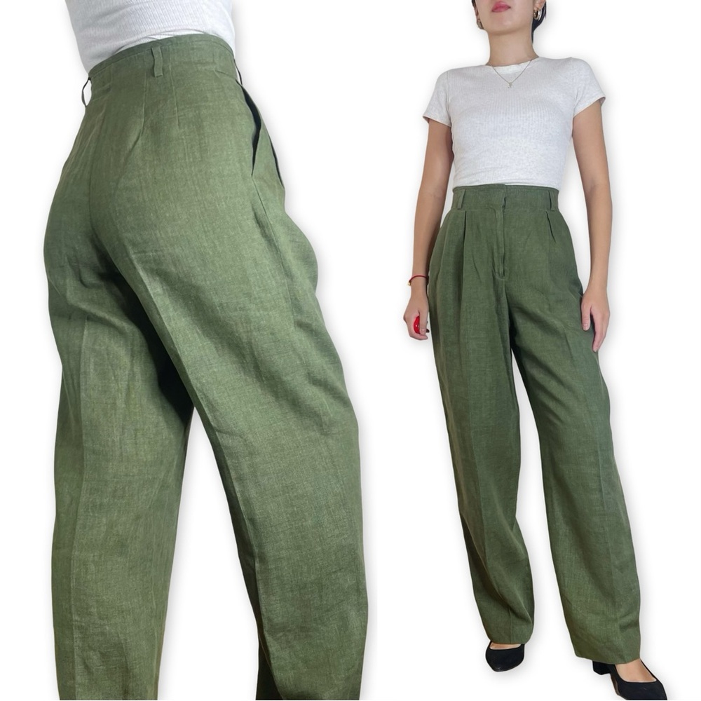 VTG Liz Claiborne 100% Linen Forest Green Pleated Straight-leg Trousers Size 4